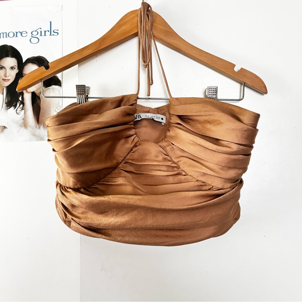 Zara Bronze Brown Ruched Satin Crop Top